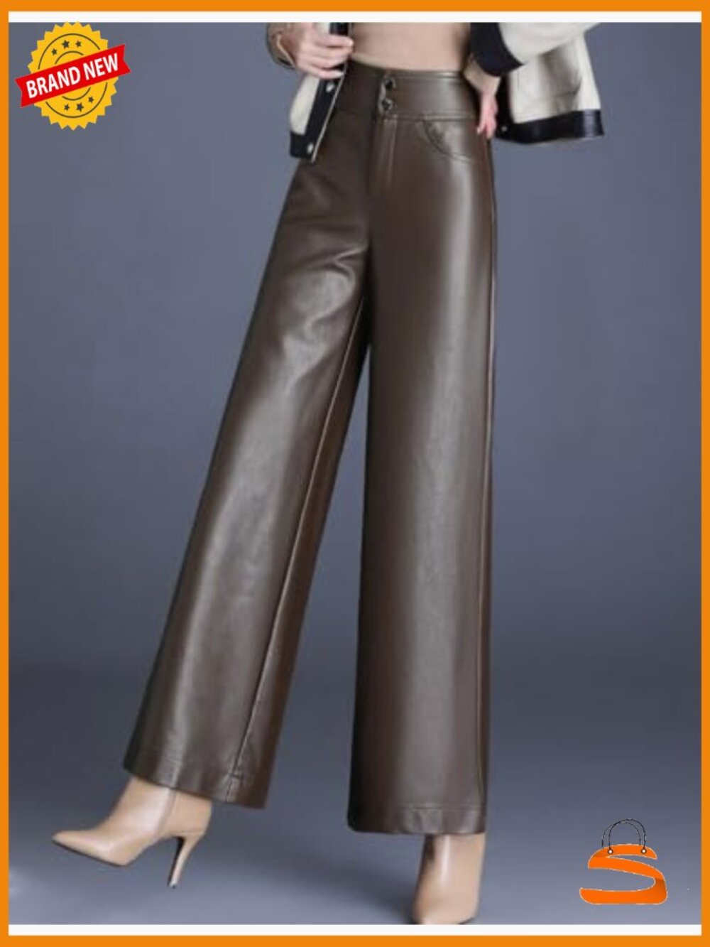High Waist Wide Leg Faux Leather Pants Women's Loose Fit Palazzo - Picture 3 of 3